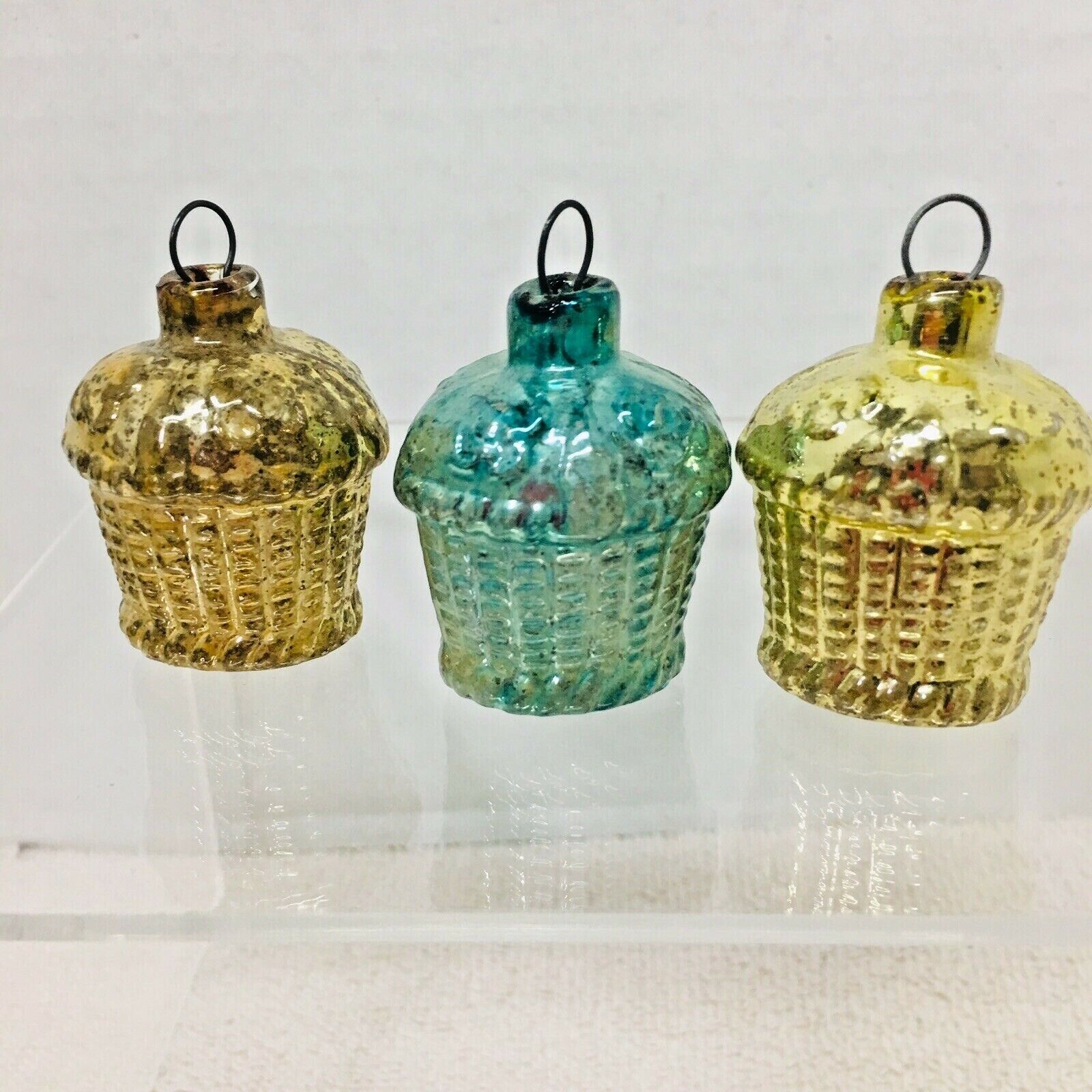 3 Antique Victorian Feather Tree Christmas Ornaments Flowers Baskets Gold Blue B