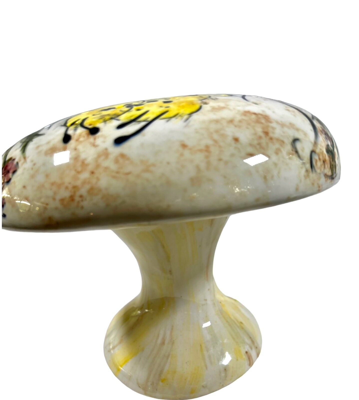Vtg. 70\'s 6” Toadstool Ceramic  Drip Glaze Art Pottery Mushroom w/ Bumblebees