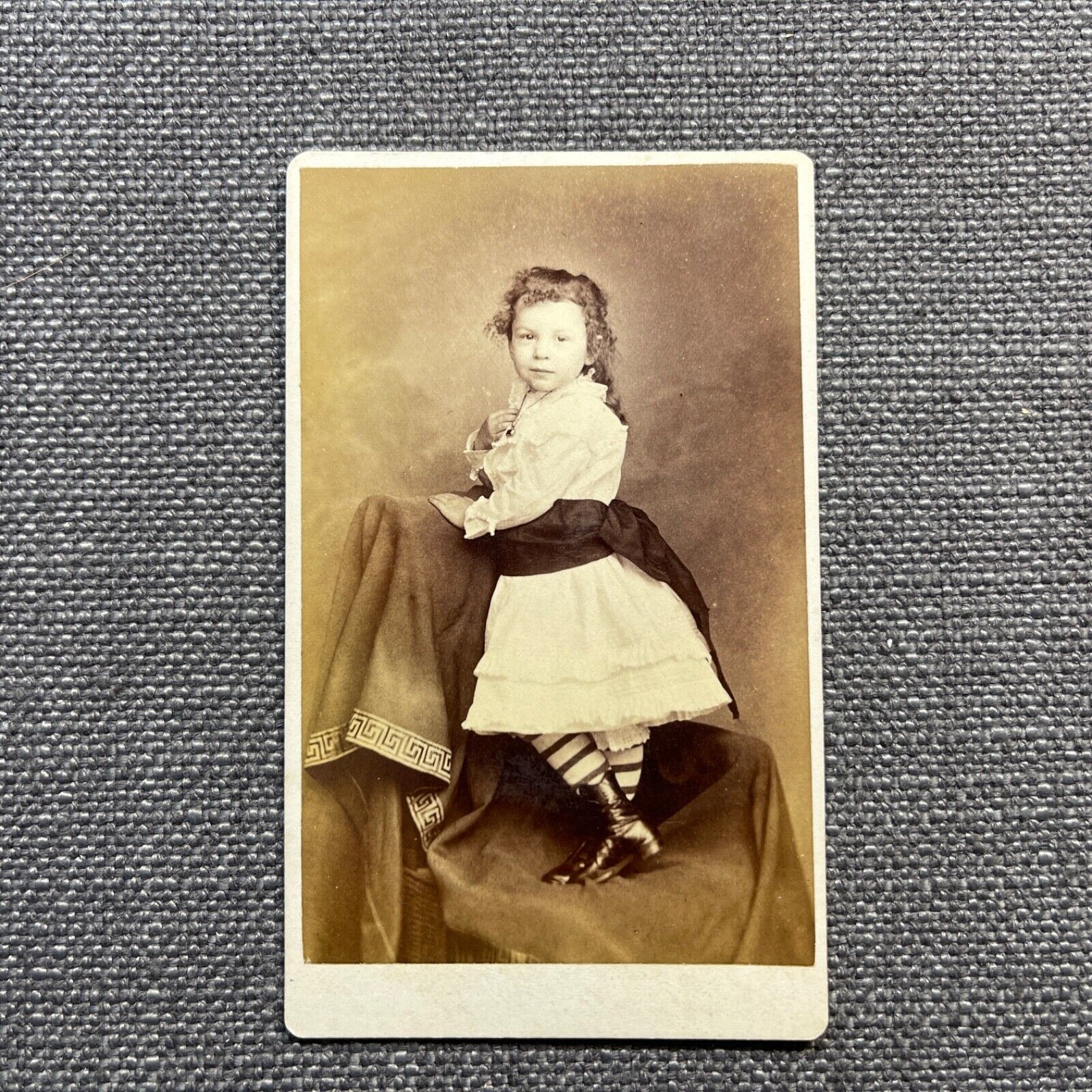 CDV Photo Antique Portrait Girl White Dress Dark Sash Standing on Chair CT