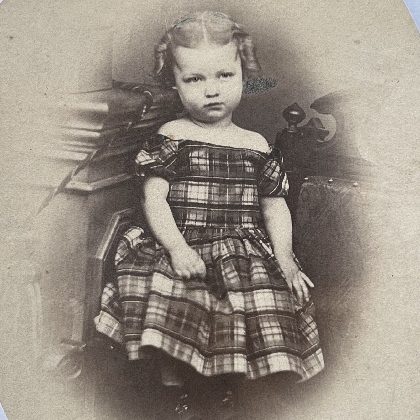 Antique Cabinet Card Photograph Super Adorable Little Girl Plaid Dress ID