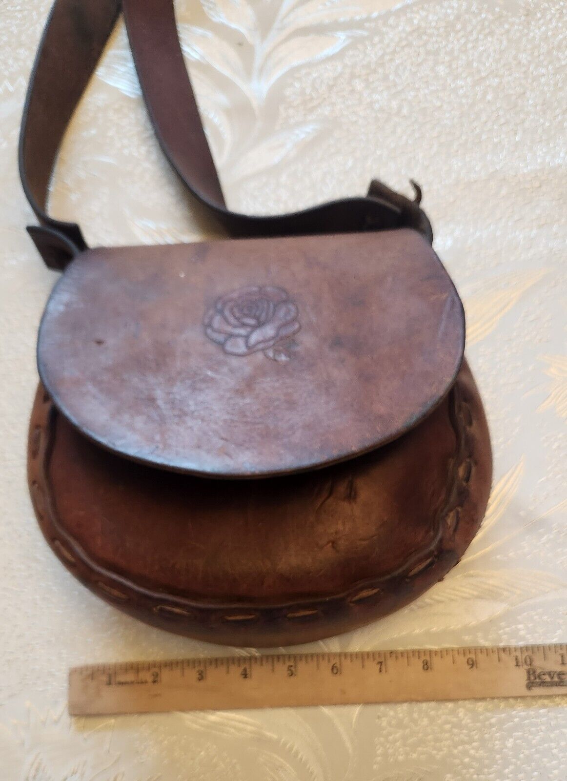 Vintage Hand Tooled Rose Small Leather Shoulder Purse Boho Hippie Western Saddle