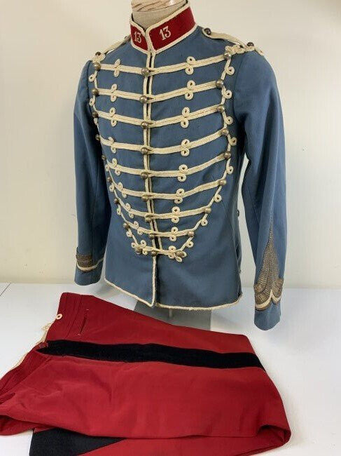 ANTIQUE FRENCH EARLY WWI HUSSAR UNIFORM PELISSE JACKET AND RED PANTS