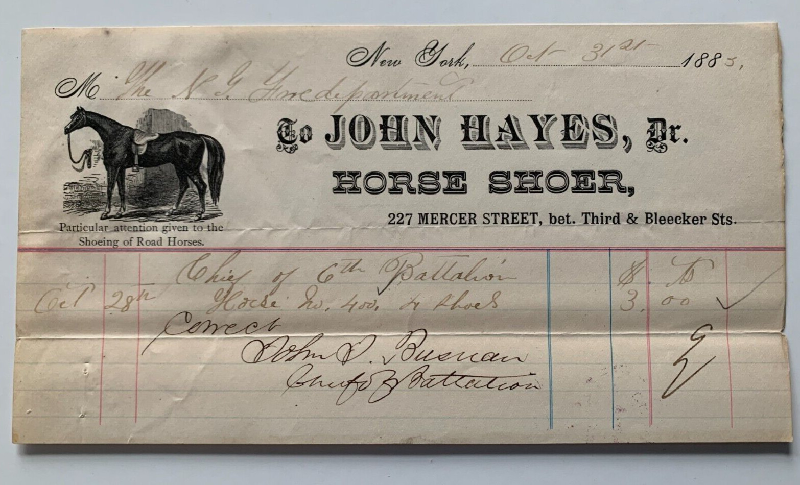 Vintage 1885 Billhead New York John Hayes Horse Shoer 227 Mercer Street NYC