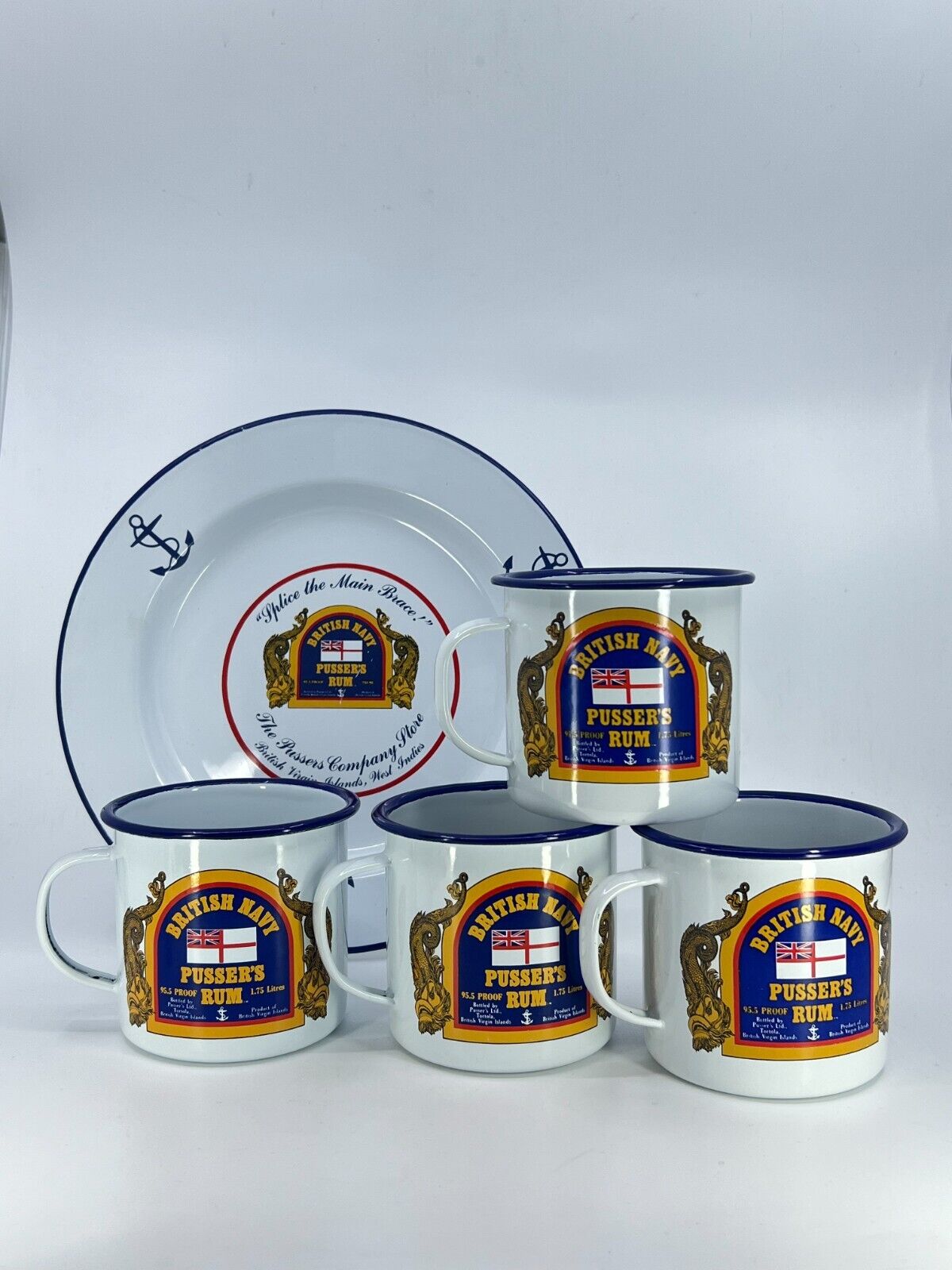 5pc British Navy PUSSER\'S RUM Souvenir Enameled Tin Cup Mug & Plate Mug Barware