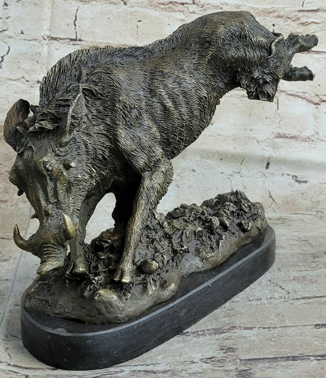 Signed Barye Wild Boar Jumping Bronze Marble Base Sculpture Figurine Statue NR