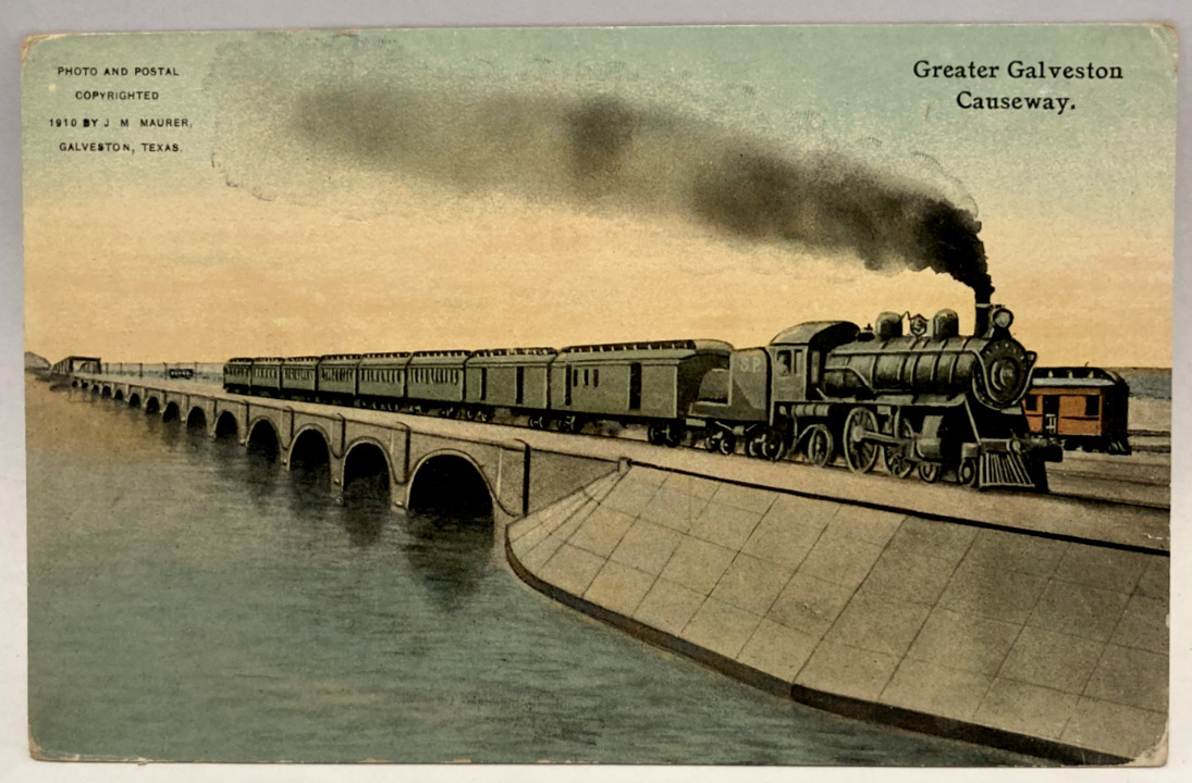 1910 Train, Greater Galveston Causeway, Texas TX Vintage Postcard