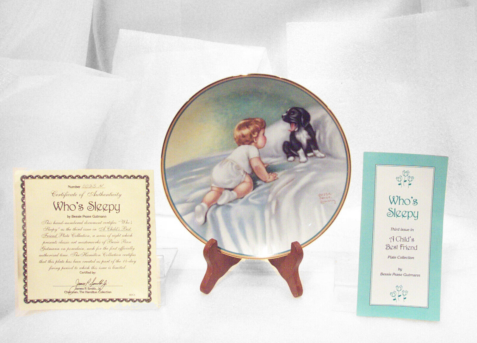 WHO’S SLEEPY Porcelain Plate Best Friends Boy & Puppy Dog Bessie Gutmann COA