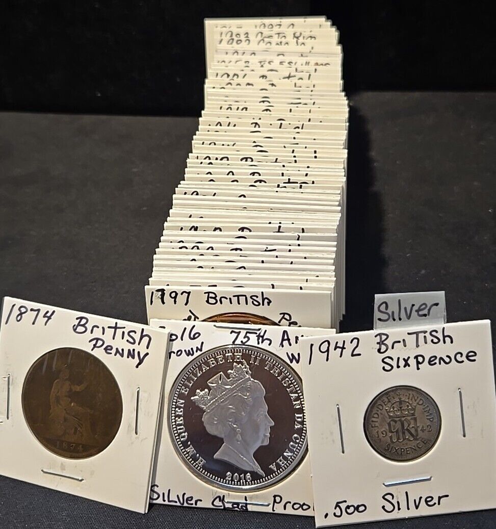 Lot .500 Silver 1942 British 6 Pence Part of 60 World coins 1797 to 1996 2x2 box