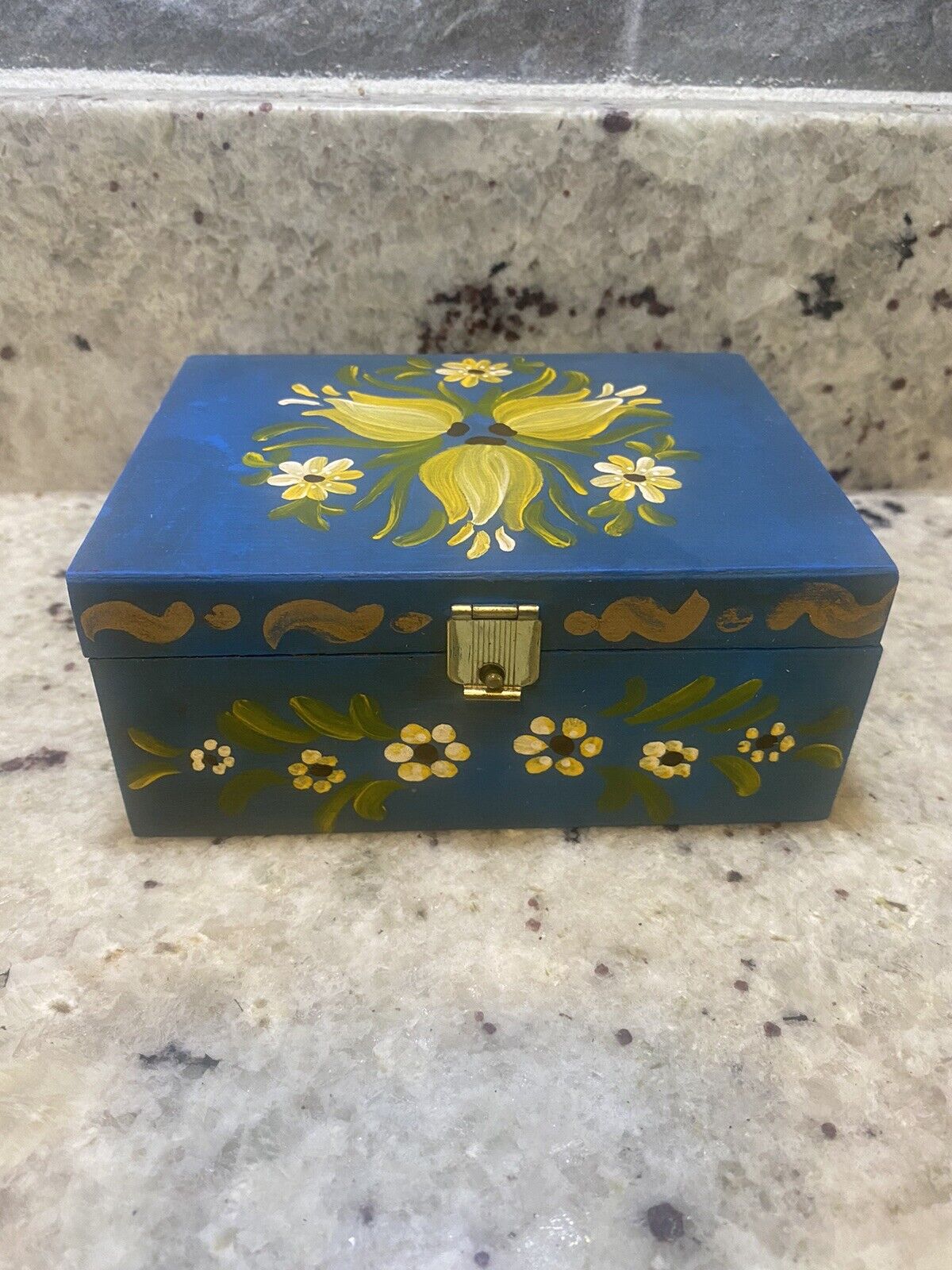 Vintage Blue And Floral Hand Painted Trinket Box 5”
