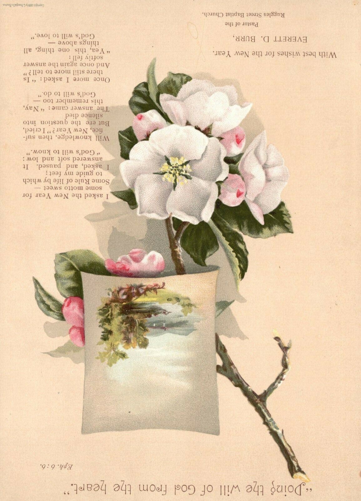 1880s-90s White Flowers Doing the Wil of God Everett Burr New Year Trade Card