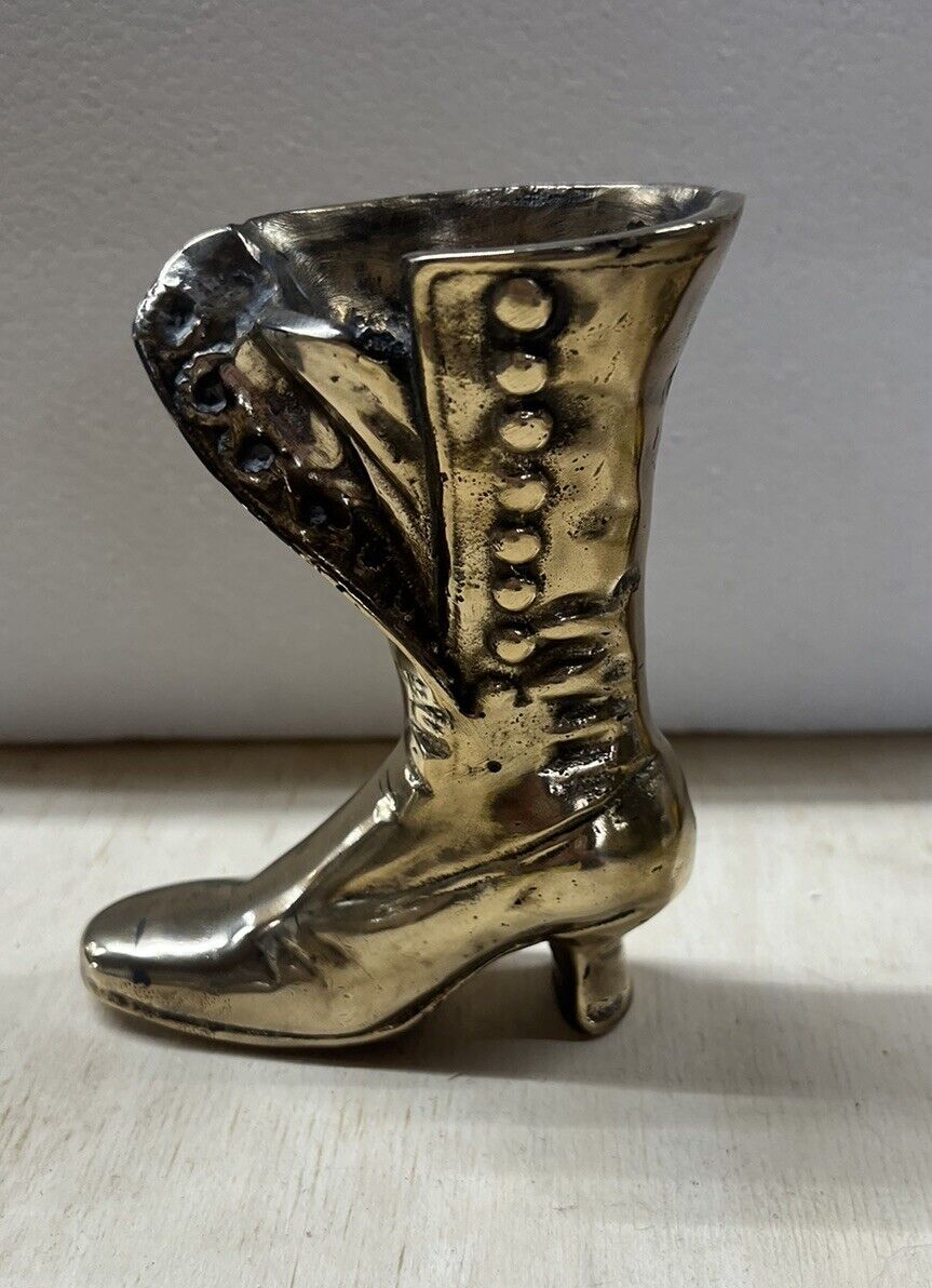 Vintage Polished Brass Victorian Women\'s Button Up Boot, Planter, Decor, Vase,