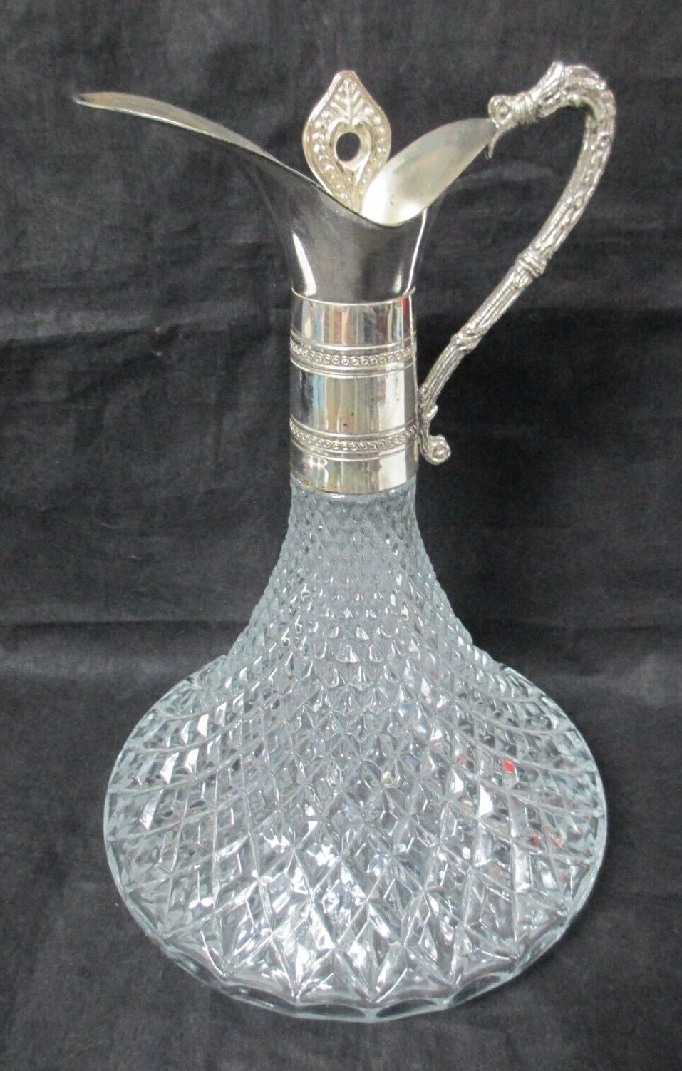 Vintage Crystal & Silverplated Decanter Ewer Claret Jug, Diamond Pattern Glass