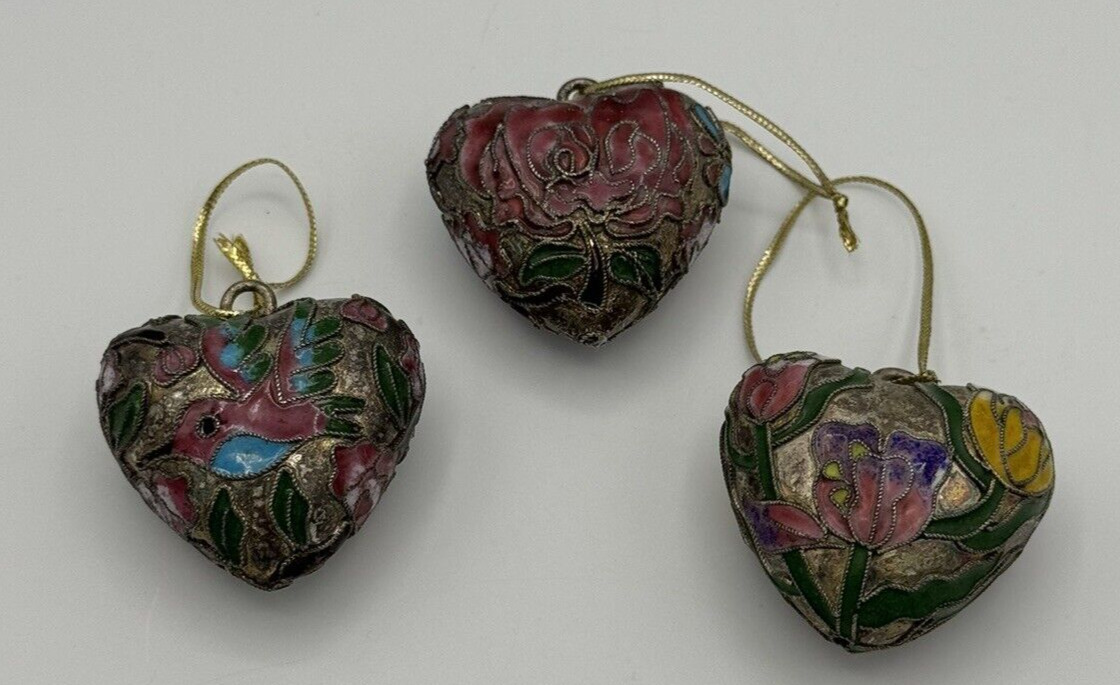 Vintage Metal and Enamel Cloisonné Puffed Heart Ornaments Set of 3 Flower Bird