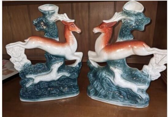 Pair 2 Antique English Staffordshire Figures of Deer Doe Stag Spill Vase