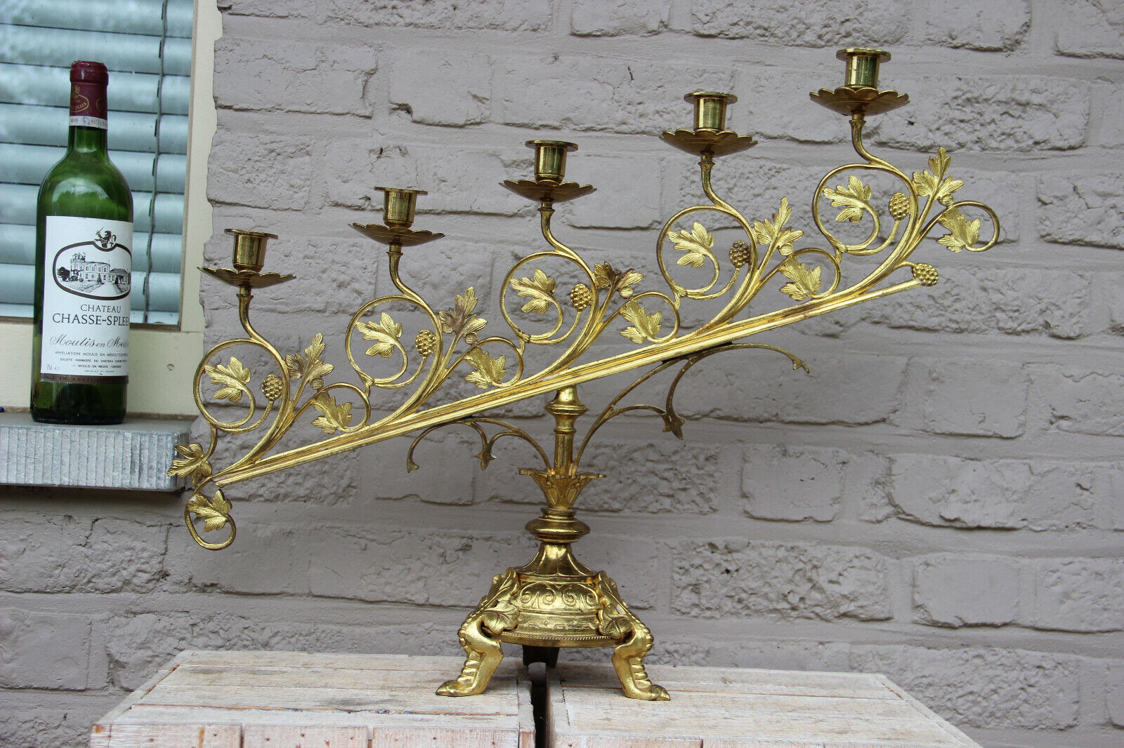 XL Antique Church Altar brass  5 arm candelabra candle holder religious 