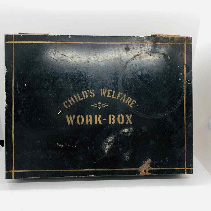 Antique Early 20th Century Black Tin metal box Child's Welfare Work-Box