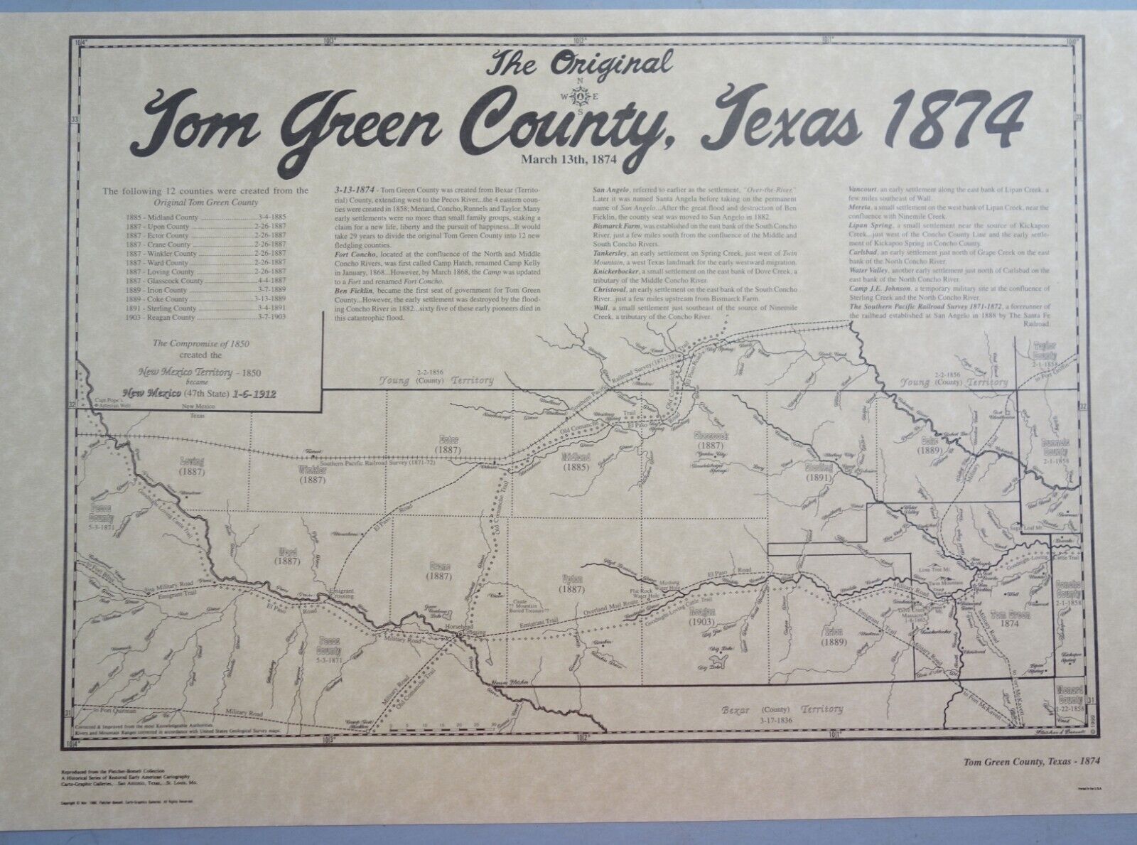 Tom Green County Texas Map as the County was in 1874