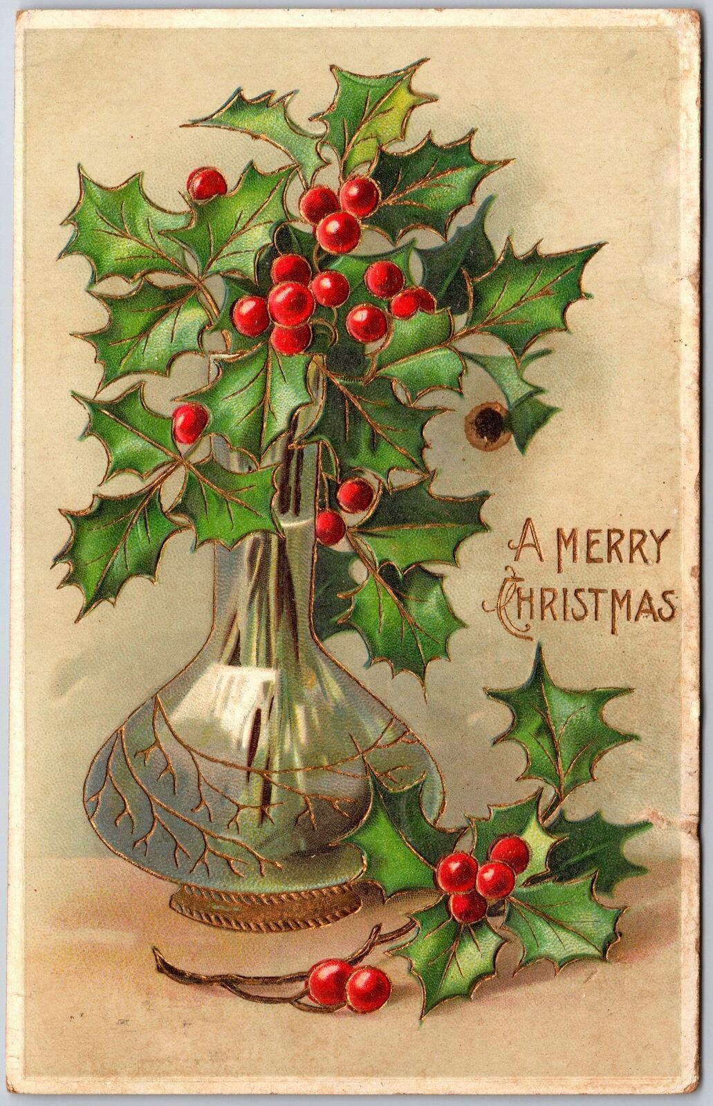 1909 A Merry Christmas Holy Leaf Cherry In Silver Vase Greetings Posted Postcard
