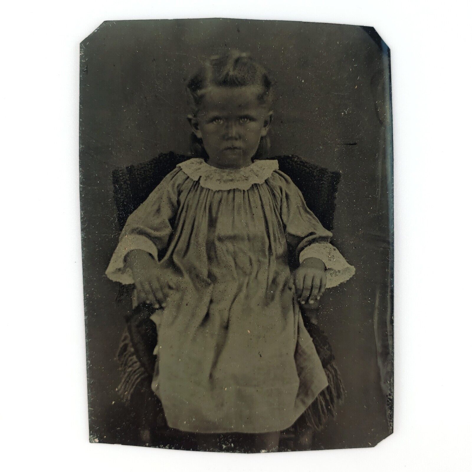 Creepy Child Intense Glare Tintype c1870 Antique Seated 1/9 Plate Photo A3822