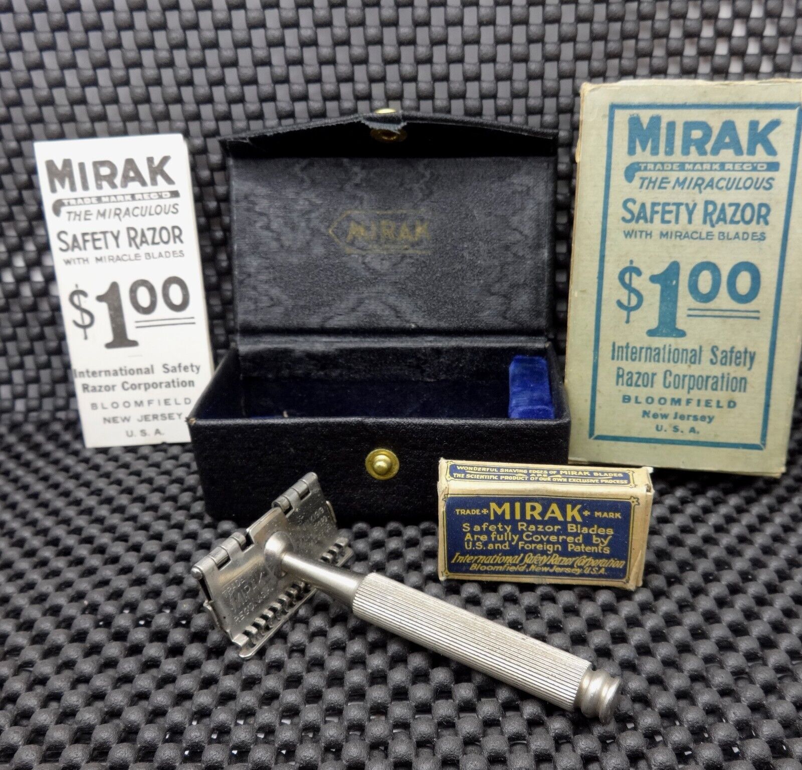 Antique MIRAK Safety Razor Set Case + Shipper Box + Unused Blades + instructions