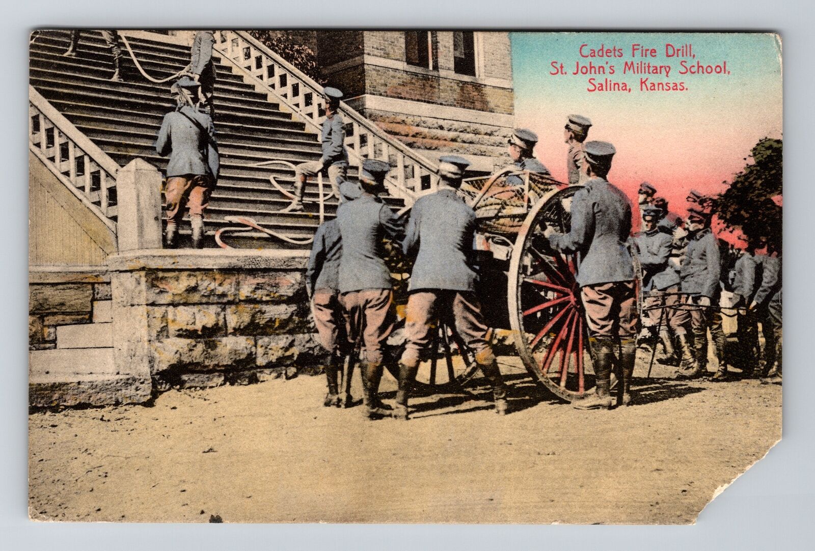 Salina KS-Kansas, Cadets Fire Drill, St. Johns Military School, Vintage Postcard