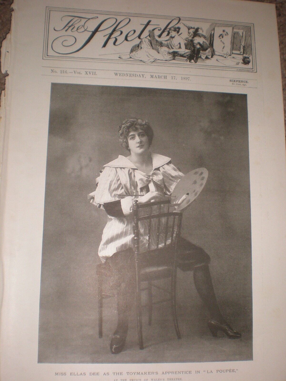 Printed photo Ellas Dee as toymaker's apprentice in La Poupee 1897