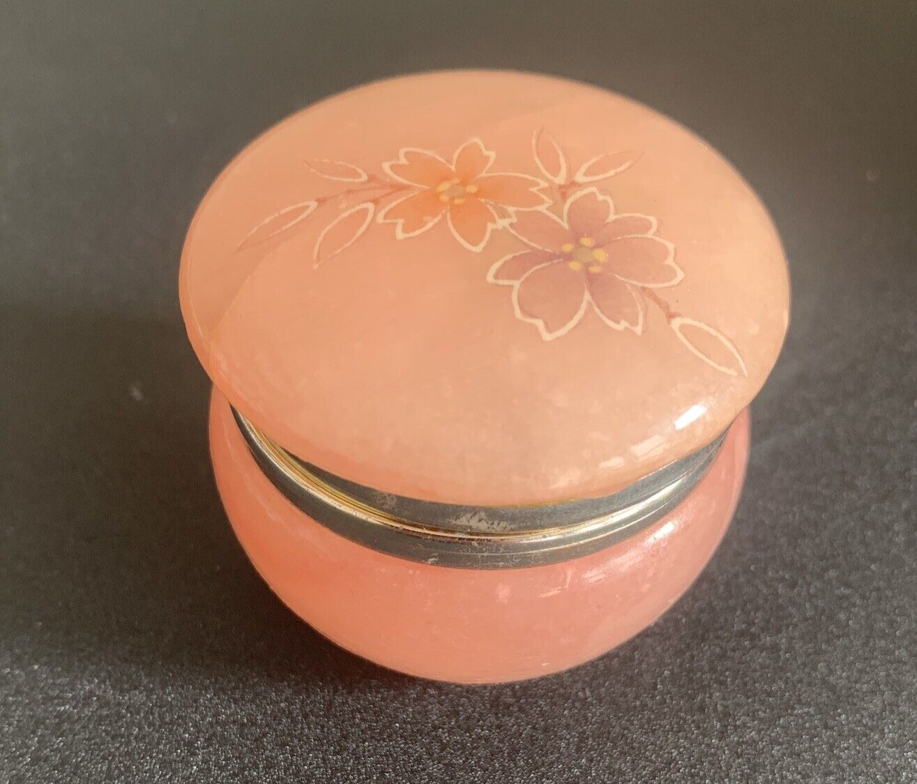 Vintage Alabaster Hand Carved Trinket Box Pink With Flowers And Greenery Italy