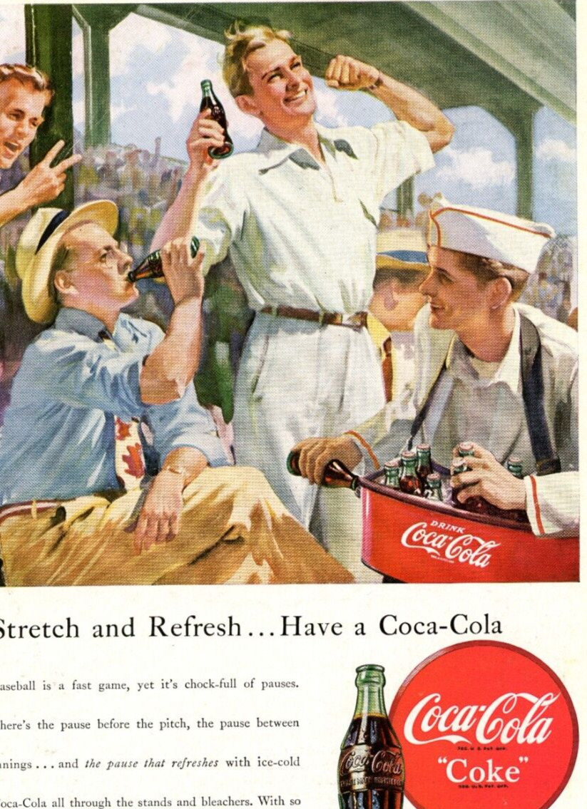 1948 COCA-COLA Print Ad Baseball Bleachers Old Hats Coke Pop Bottle  Pa15