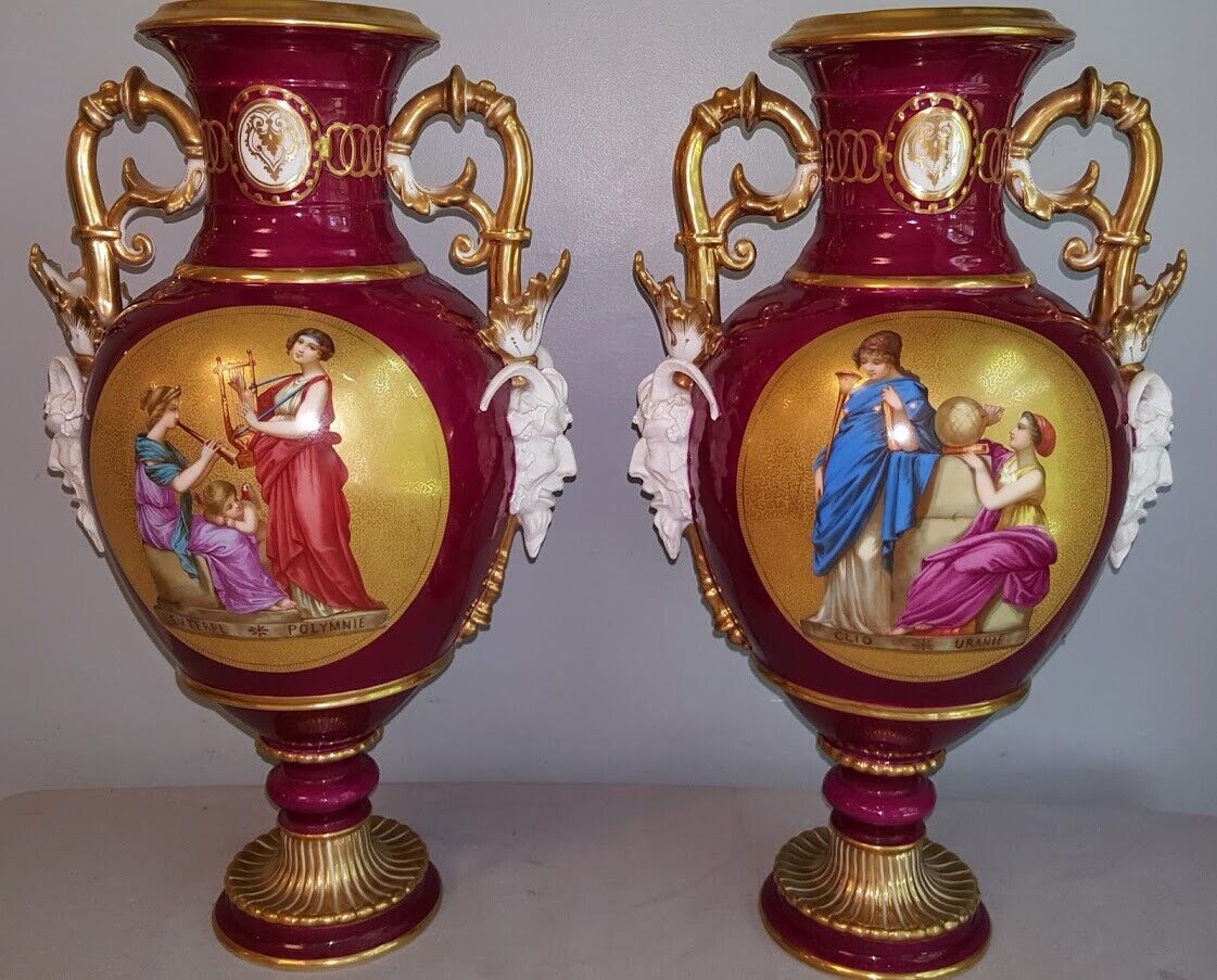 Pair Important Henri Ardant Limoges Greek Revival Porcelain Large Vases Ca.1870