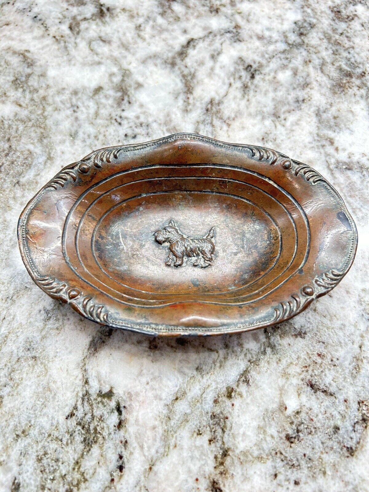 RARE Vintage Copper Soap Dish with Terrier Dog Or Antique Jewelry Coin tray