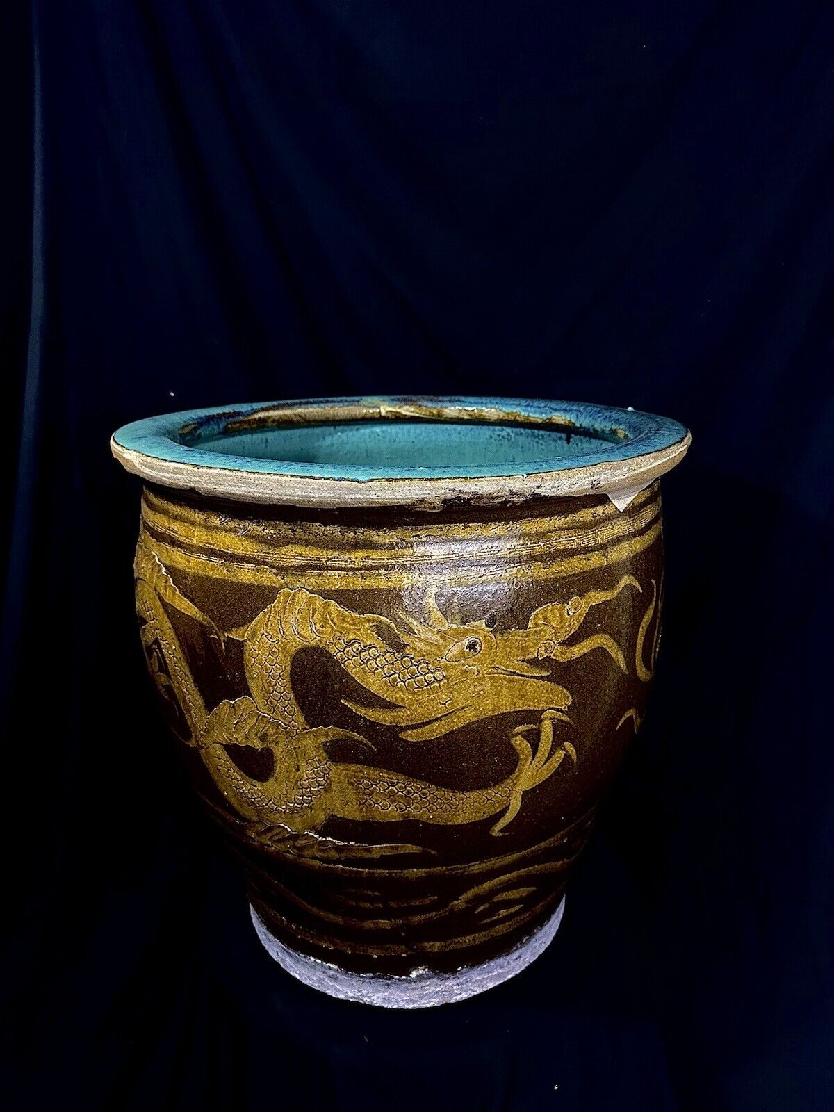 Vintage Chinese Brown&Teal  Dragon Ceramic Planter 20”H&D