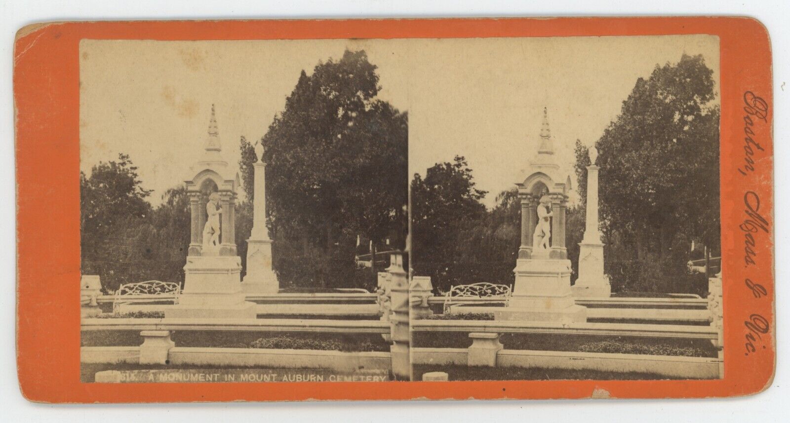c1900's  Real Photo Stereoview A Monument in Mount Auburn Cemetery Boston, MA