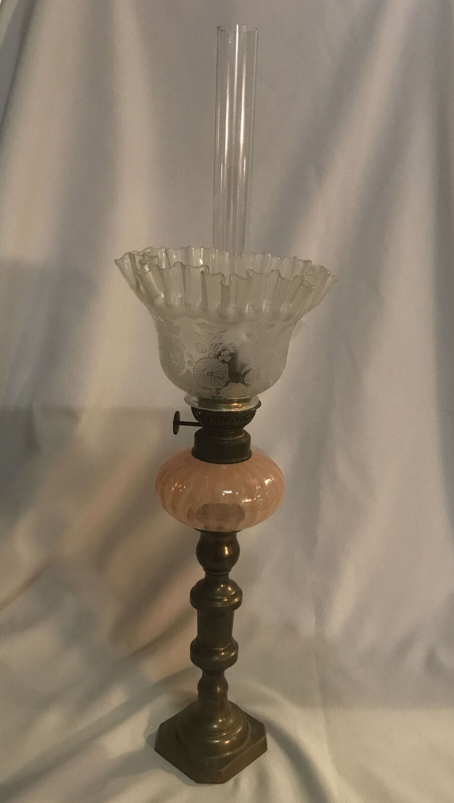 Antique Pink Art Glass Peg Lamp W/ Chimney & Etched Glass Ruffled Shade
