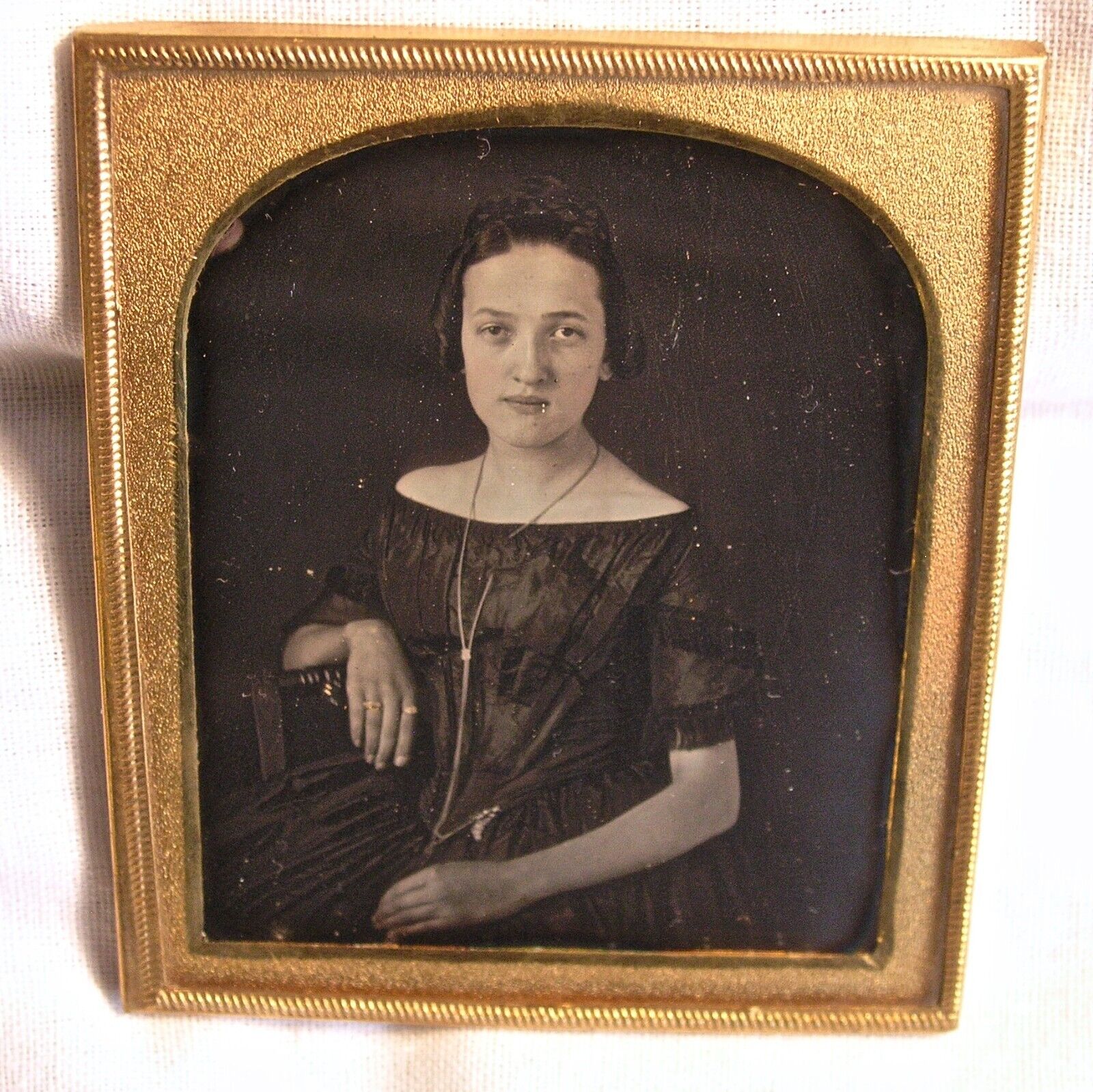 Antique Sixth Plate Daguerreotype Photo 1850's Woman with Cool Dress & Jewelry