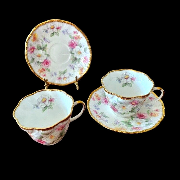 Queen\'s Rosina 2 Teacup & Saucer Sets Pink Yellow White Purple Wildflowers 1960s
