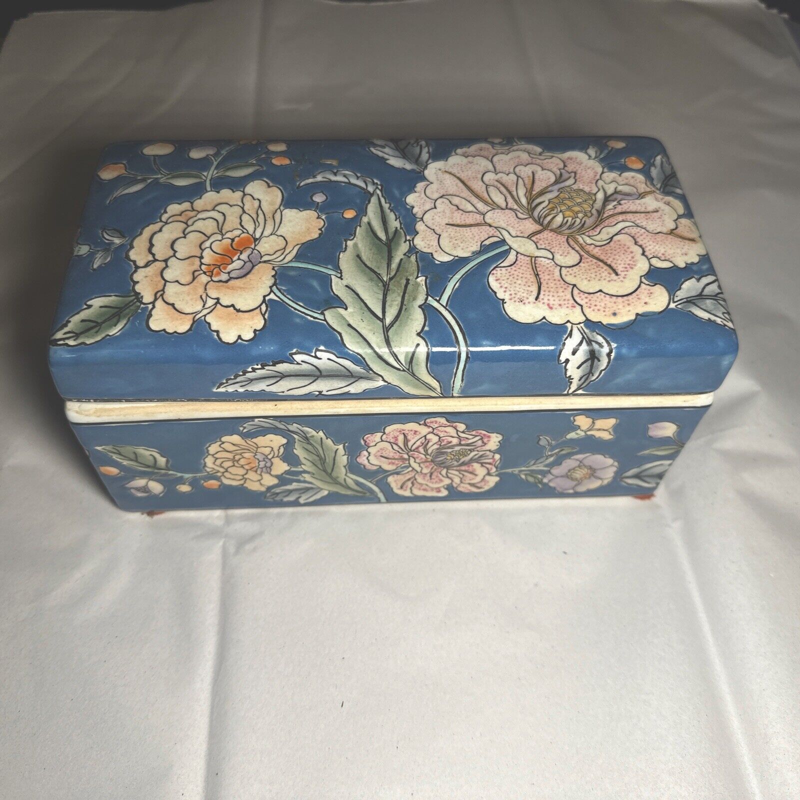Vintage Porcelain Trinket Box with Floral Enamel