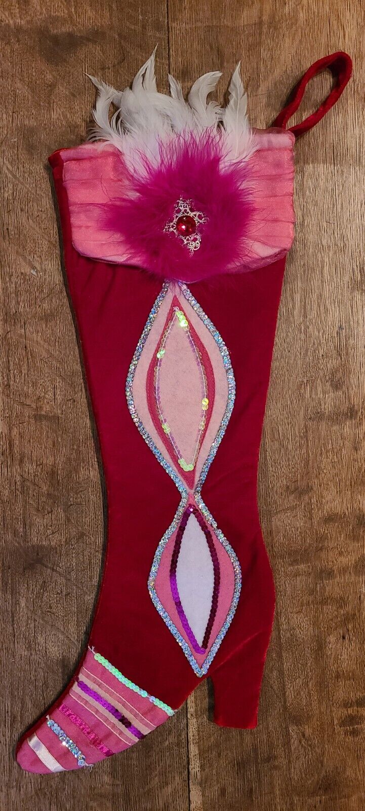 PIER 1 Imports Christmas Stocking Red Pink Victorian Boot Feathers Sequin Trim