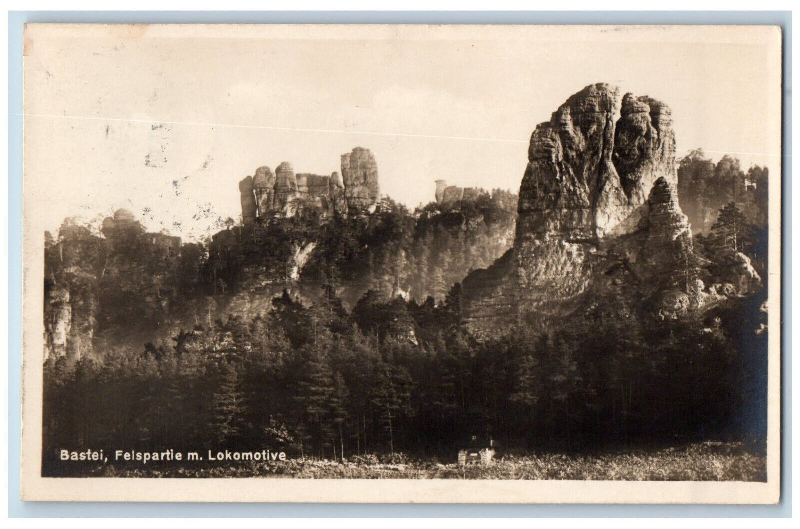 Germany Postcard Rock with Locomotive Bastei Rock Formation 1929 RPPC Photo