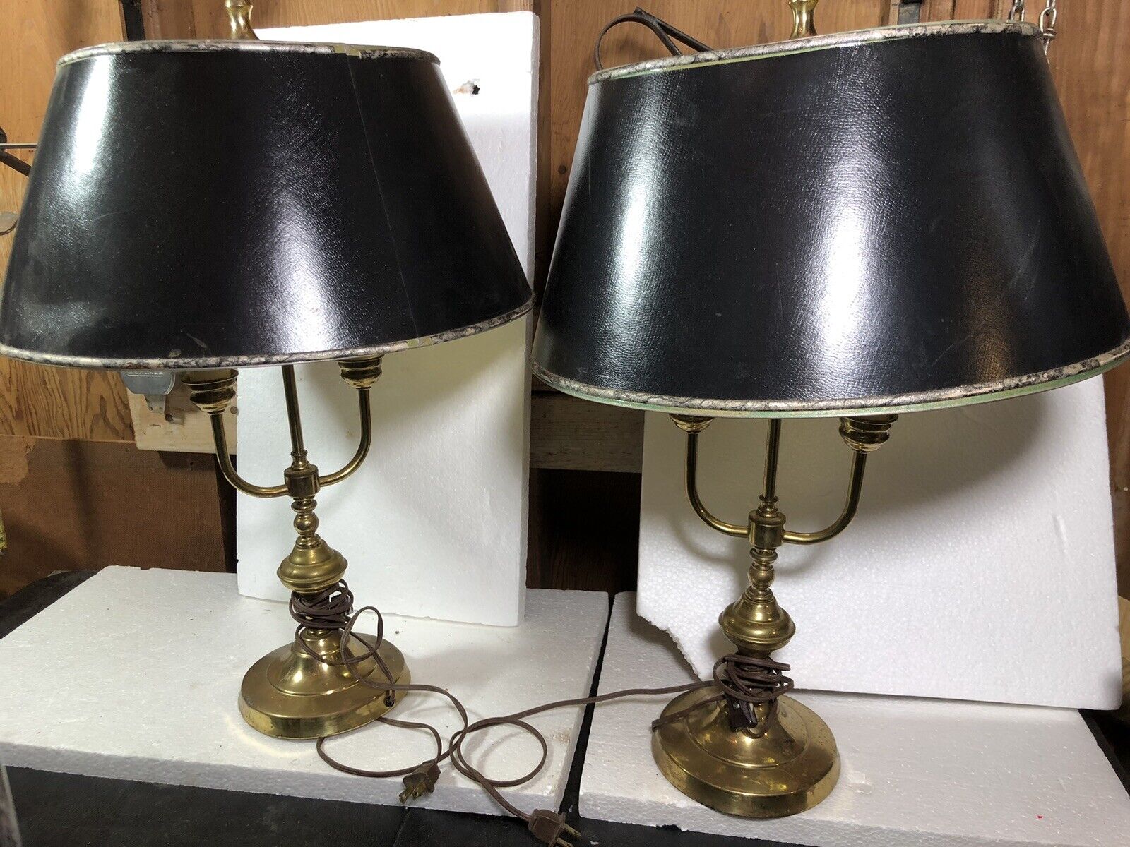 Vintage Pair Brass Table Lamps W/black Shade Bouillote Candelabra Electric