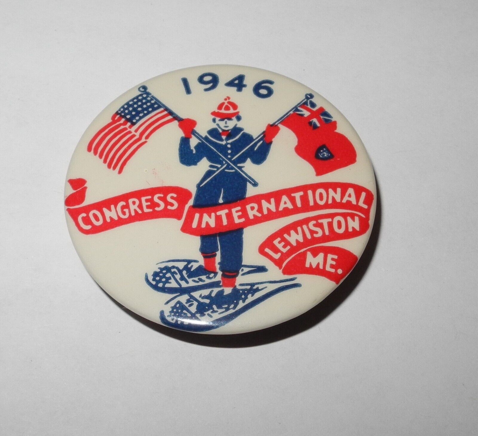 1946 Lewiston ME Snowshoe Festival Congress International Souvenir Pin Pinback
