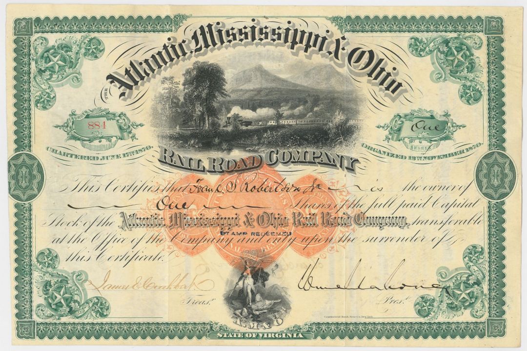 General William Mahone signed Atlantic Mississippi and Ohio Railroad Co. - Autog