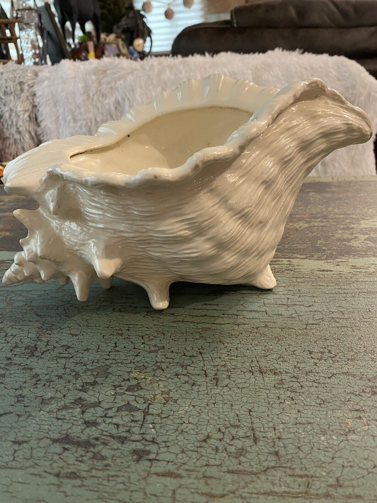 Vintage Atlantic Mold Ceramic Iridescent Conch Shell Planter 12 In