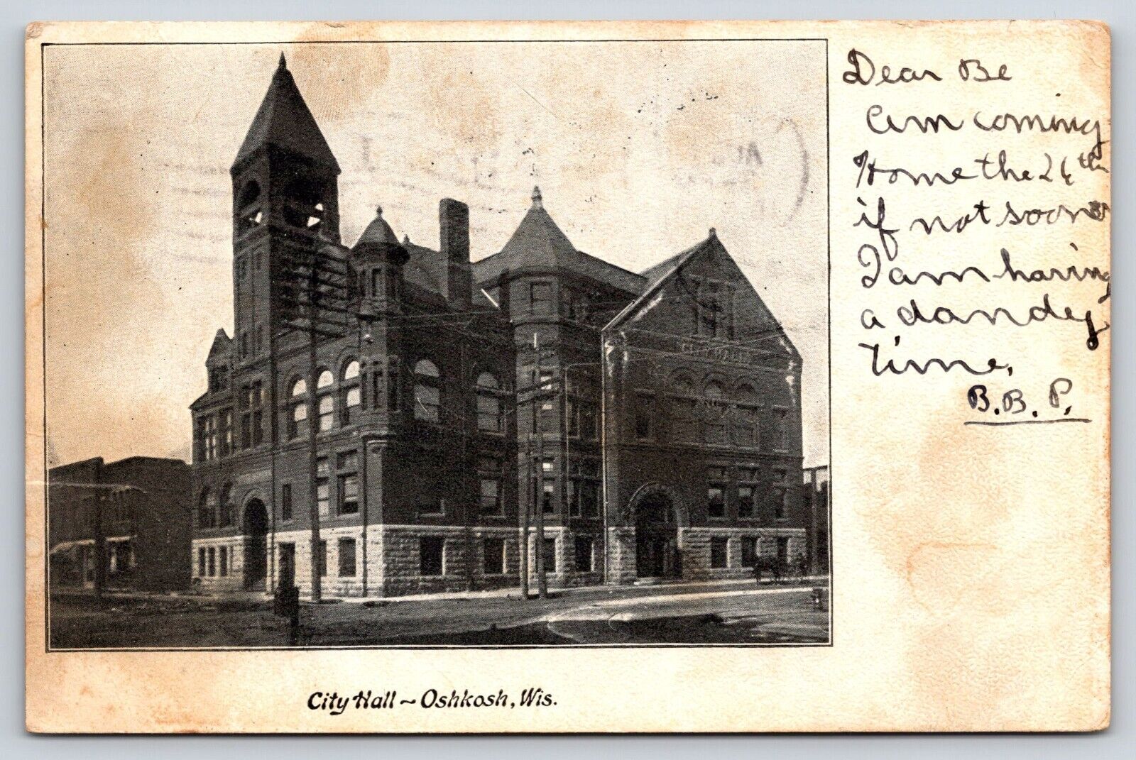 Oshkosh WI-Wisconsin, City Hall Building, Vintage Antique c1907 Postcard
