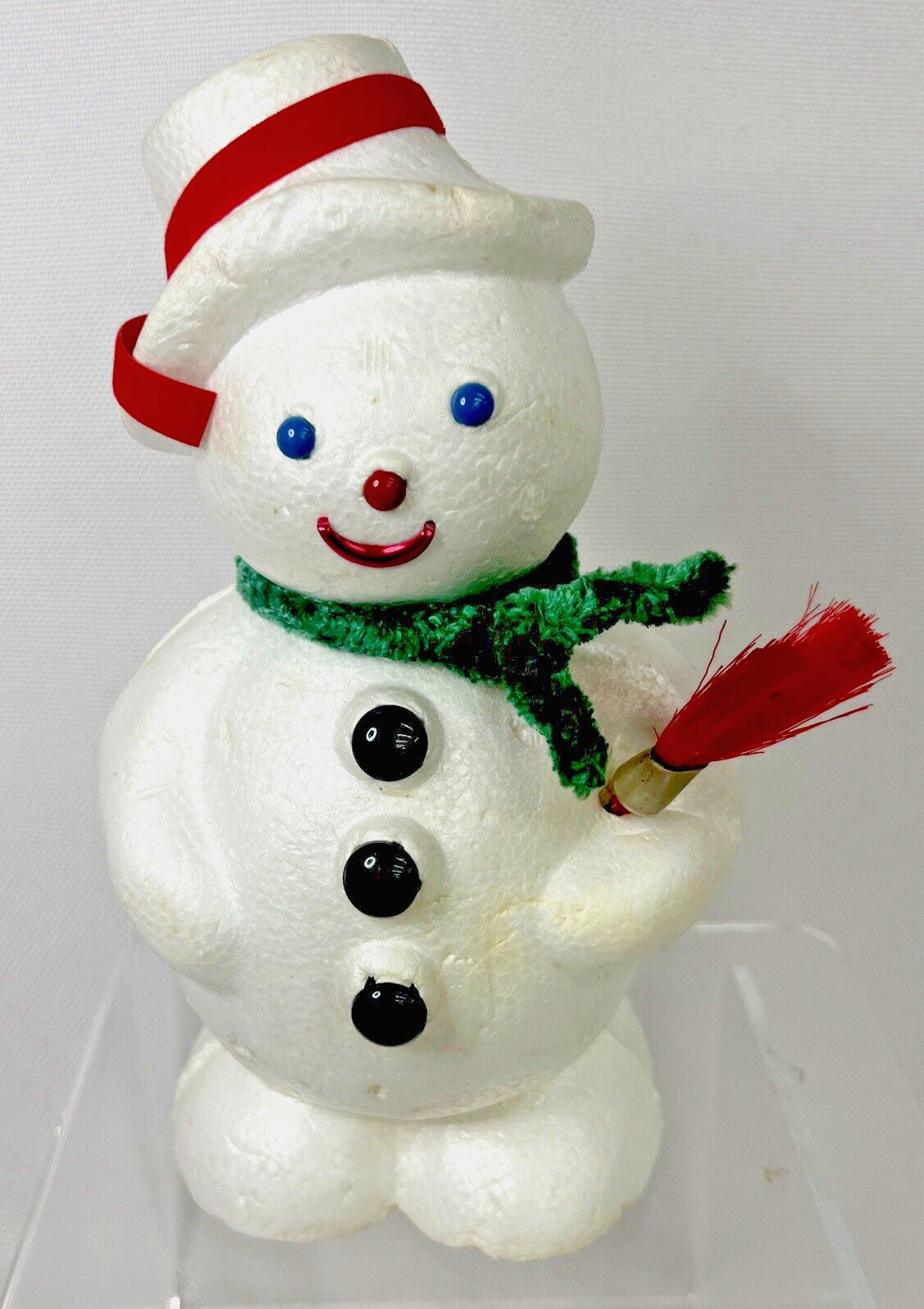 Vintage Christmas  Snowman With Broom Styrofoam Figure Tabletop Kitsch 8.5 in