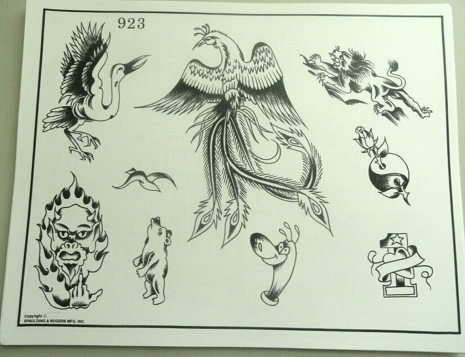 Vintage Spaulding & Rogers Tattoo Flash Sheet 923 Demon Peacock Yin Yang Rose