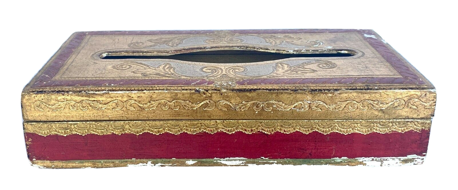 Vintage Florentine Tole Painted Wood Tissue Box/Holder - Italy - Red & Gold