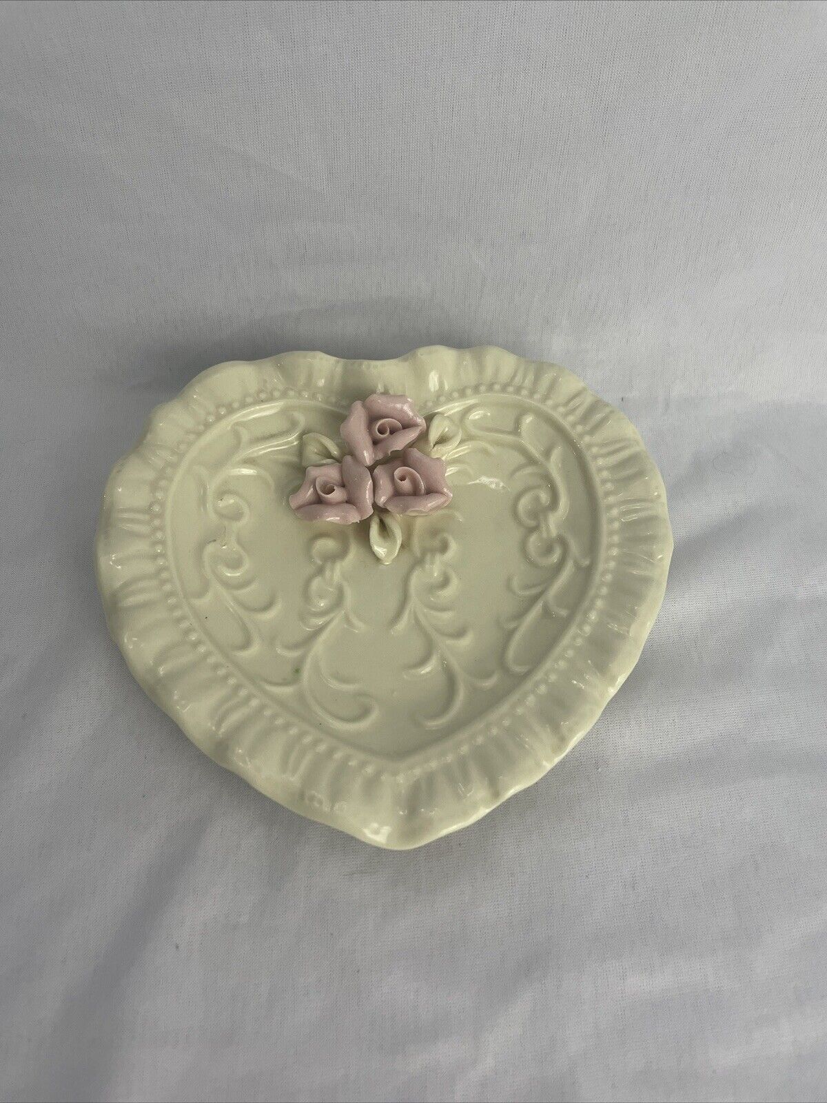 Vintage Ceramic Heart Shaped Trinket Dish With Pink Roses