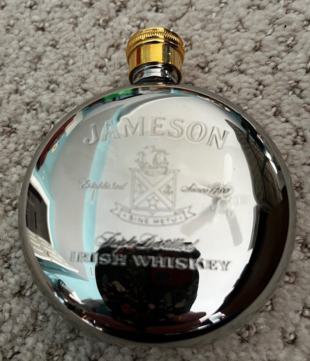 Vintage Jameson Irish Whiskey Pocket Flask Engraved Brass Screw Top 3.5”