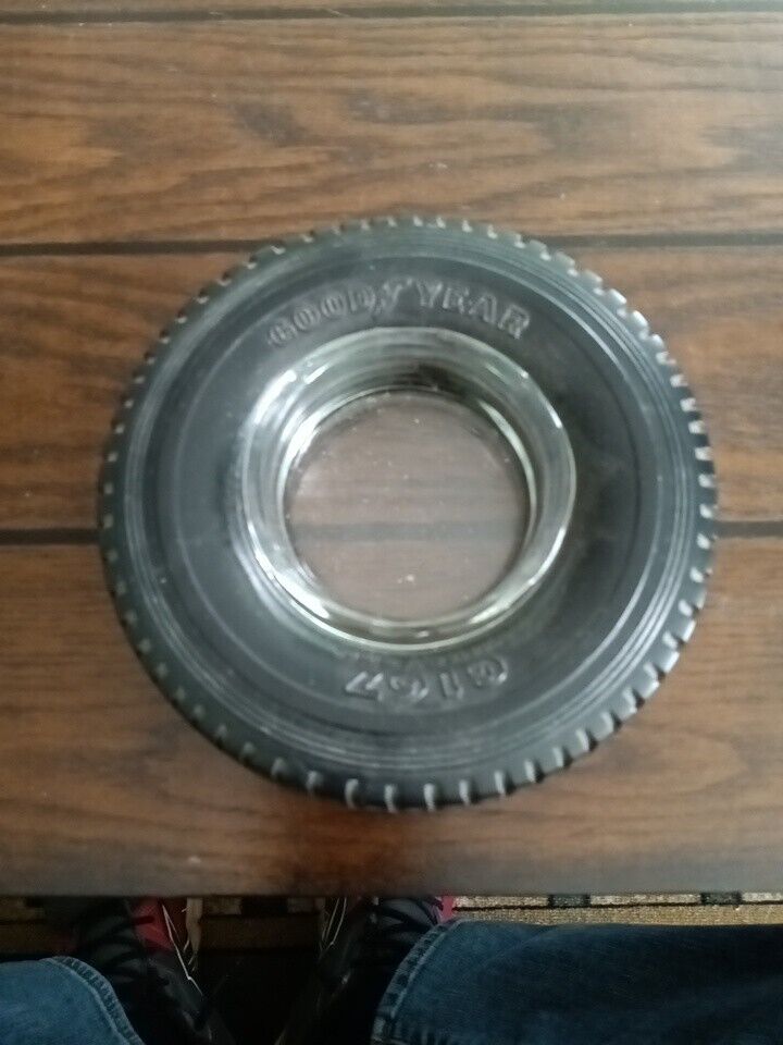 Vintage 80’s Black Goodyear Knobby Tire Ashtray  G167 Glass Ashtray in center
