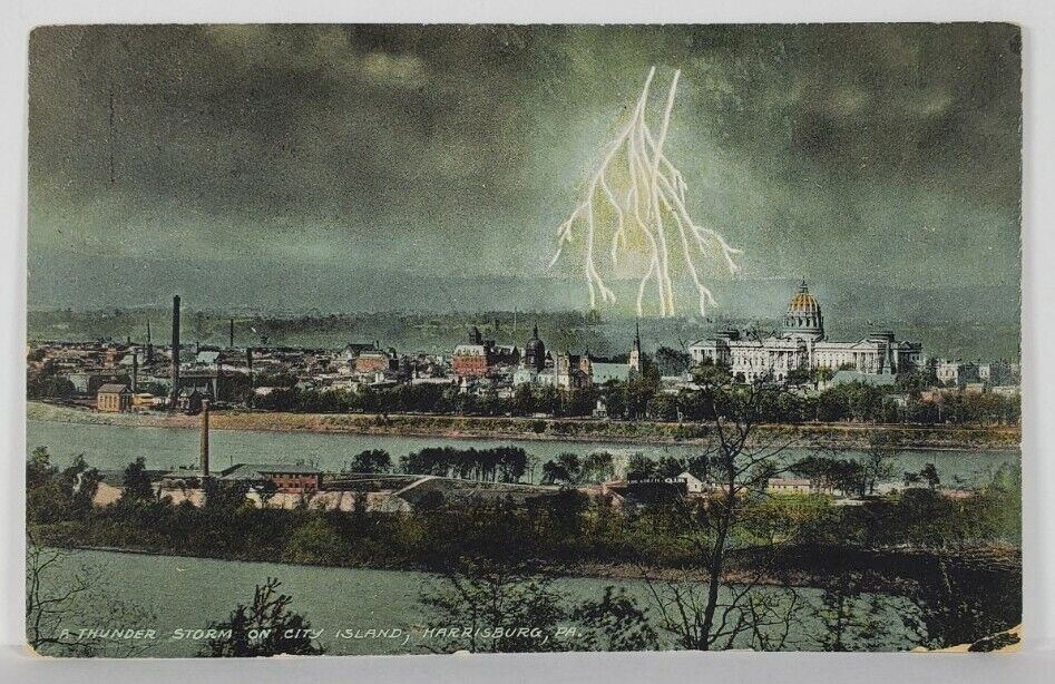 Harrisburg Pa Thunder Storm on City Island Lightning by Night 1912 Postcard R17